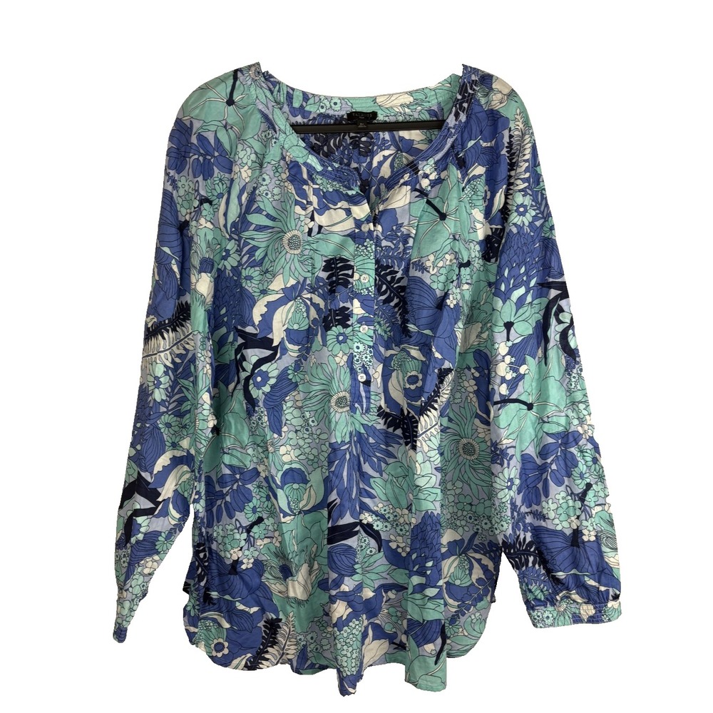 Talbots Popover Tunic Top Sz 3X Blues Floral Coastal Beach Resort
